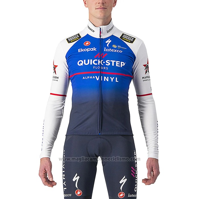 2022 Abbigliamento Ciclismo Deceuninck Quick Step Blu Bianco Manica Lunga e Salopette